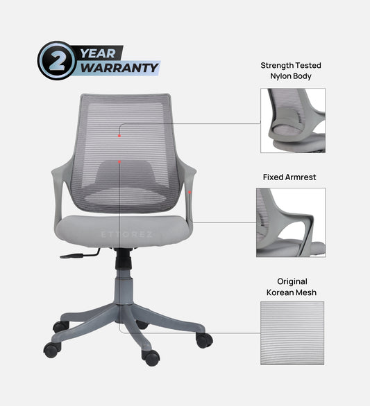 Ettorez Neo Grey Mid Back Mesh Revolving Chair with Fixed Armrest