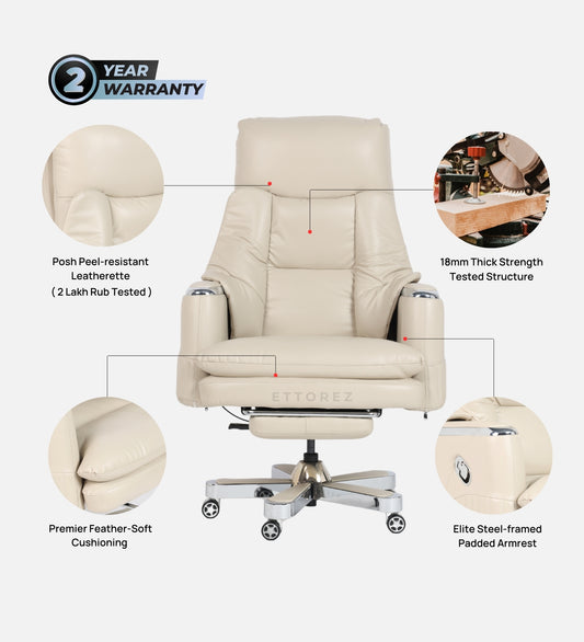 Ettorez Magnus High Back Ultra Premium Leatherette Office Recliner- Cream