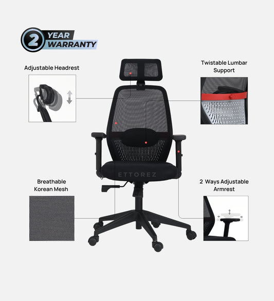 Ettorez Wave Ergonomic Office Chair- Black
