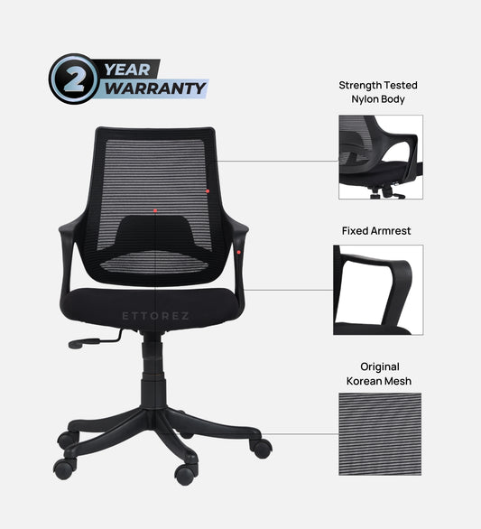 Ettorez Neo Black Mid Back Mesh Revolving Chair with Fixed Armrest