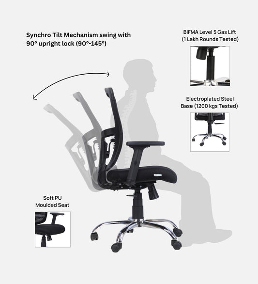 Ettorez Align-Pro Mid back Ergonomic Office Chair Black- Black