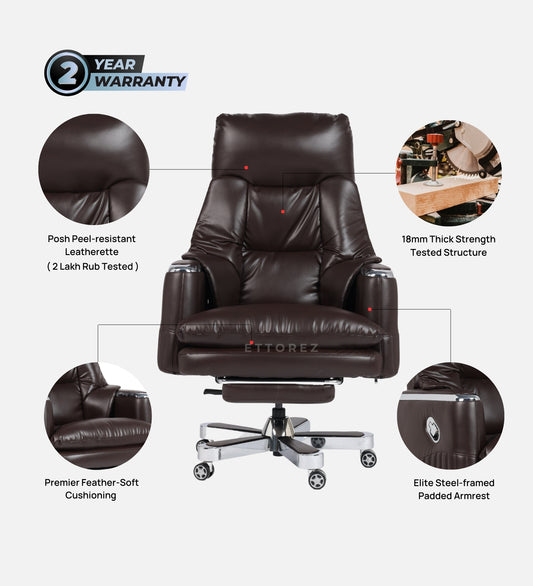 Ettorez Magnus High Back Ultra Premium Leatherette Office Recliner - Mocha