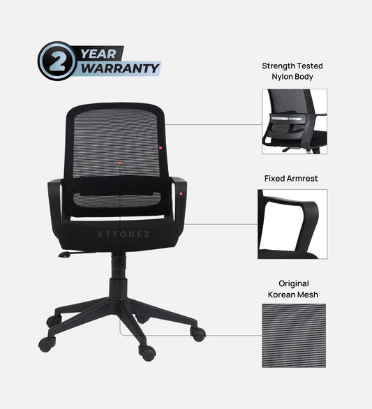 Ettorez Breeze BLACK Mid Back Mesh Revolving Chair with Fixed Armrest