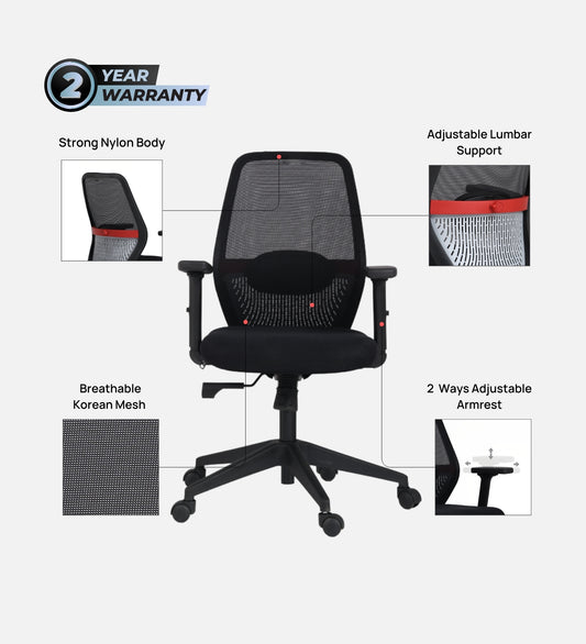 Ettorez Wave Mid Ergonomic Office Chair- Black