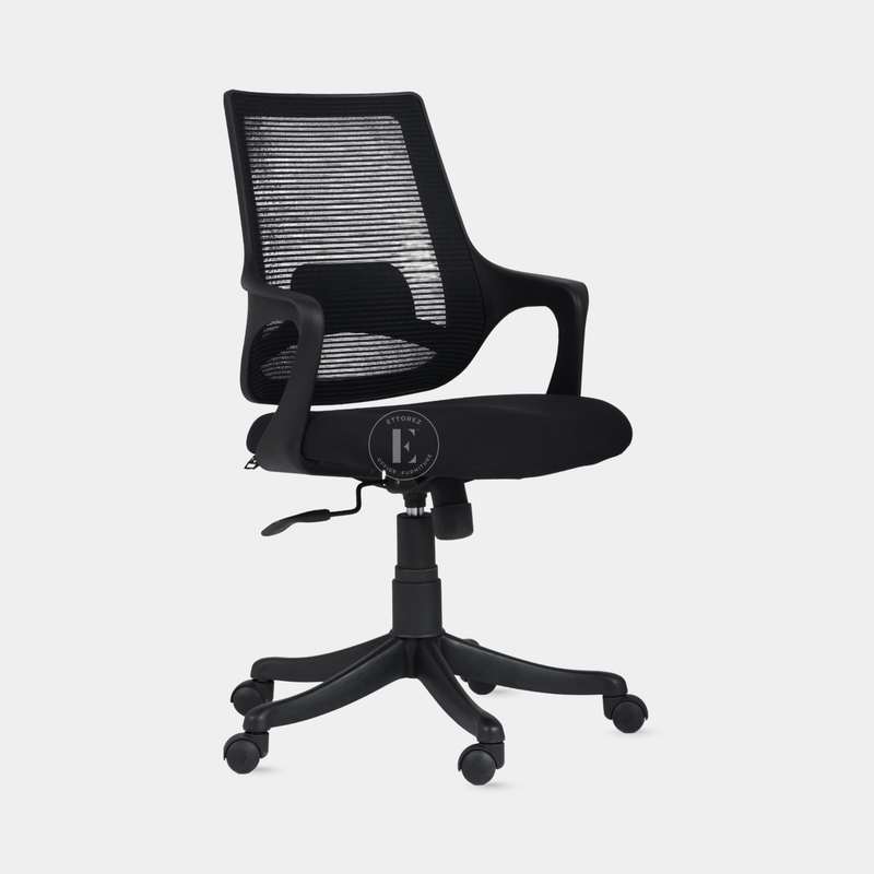 Ettorez Neo Black Mid Back Mesh Revolving Chair with Fixed Armrest