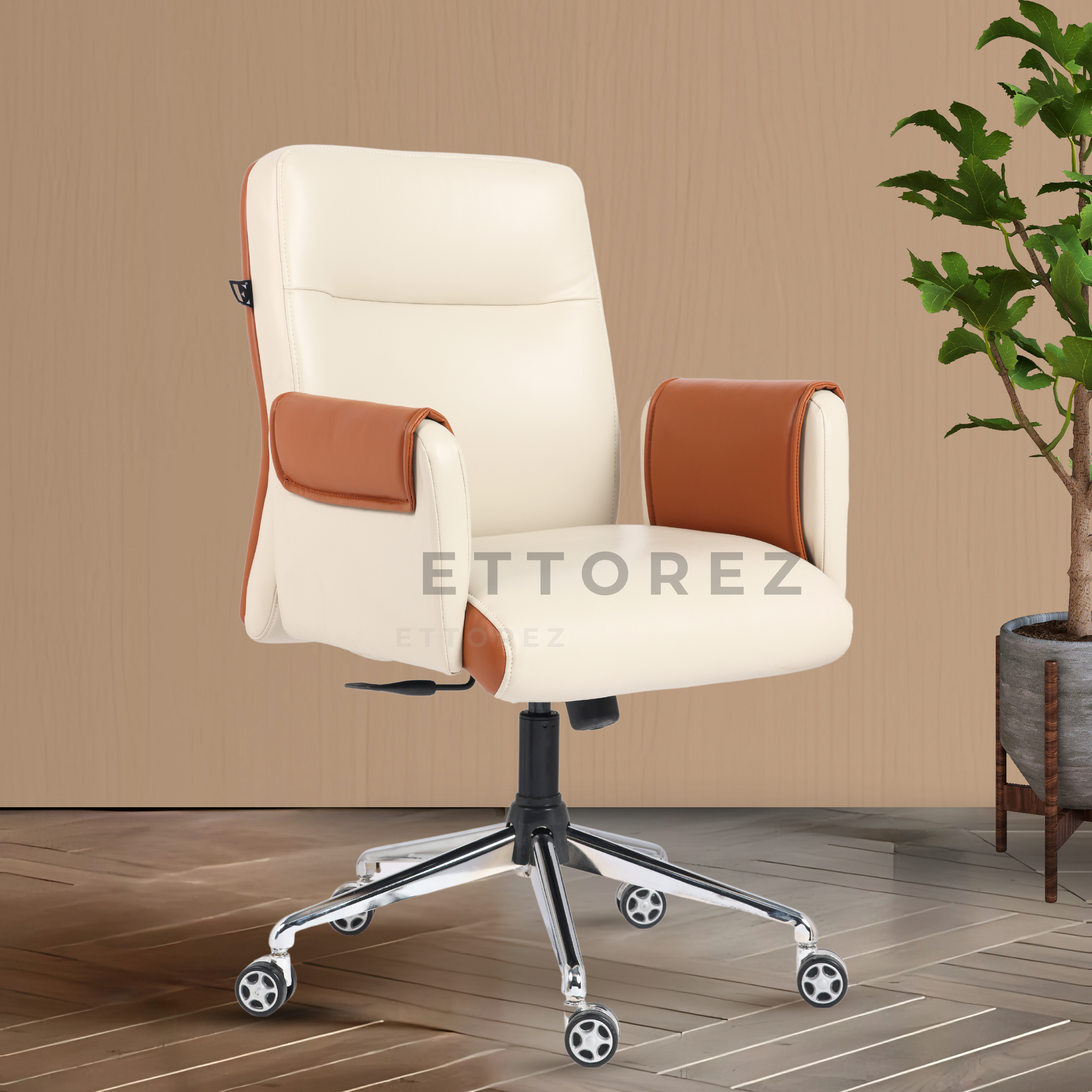 Ettorez Flair  Ultra Premium Leatherette Office Chair- Tan and cream