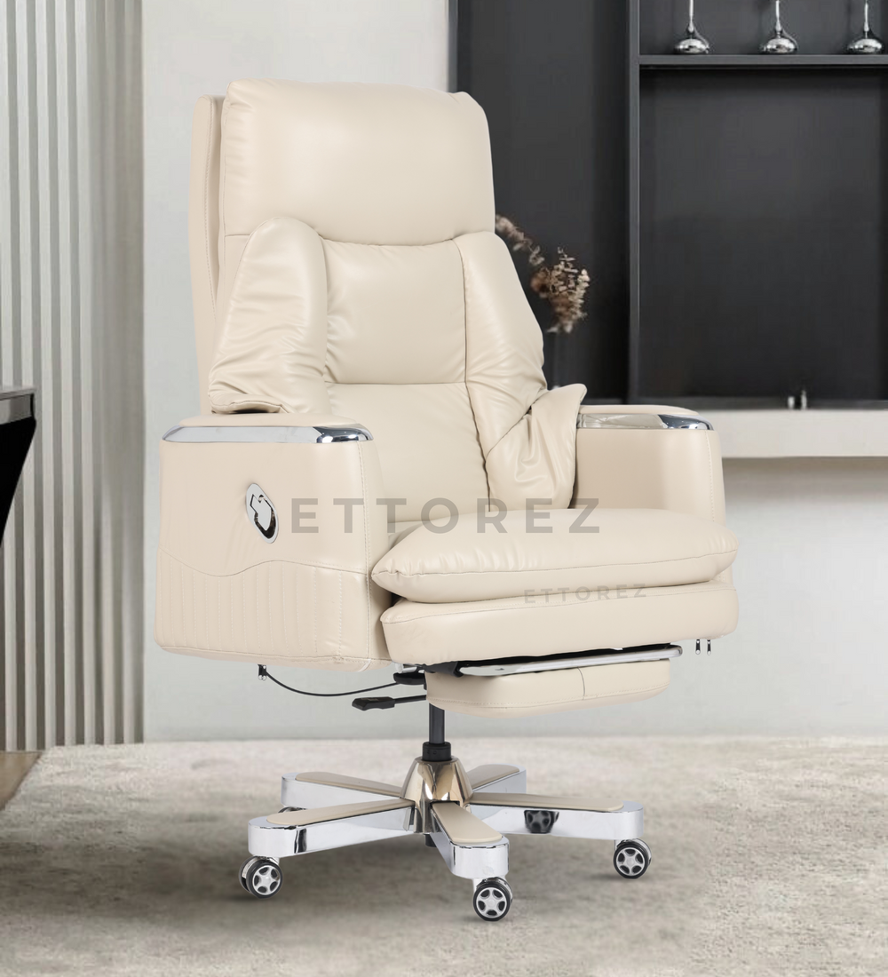 Ettorez Magnus High Back Ultra Premium Leatherette Office Recliner- Cream