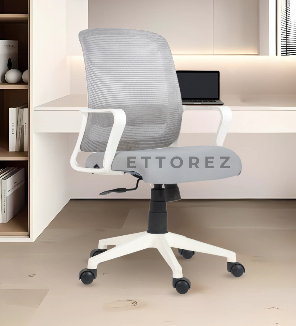 Ettorez Breeze White Mid Back Mesh Revolving Chair with Fixed Armrest