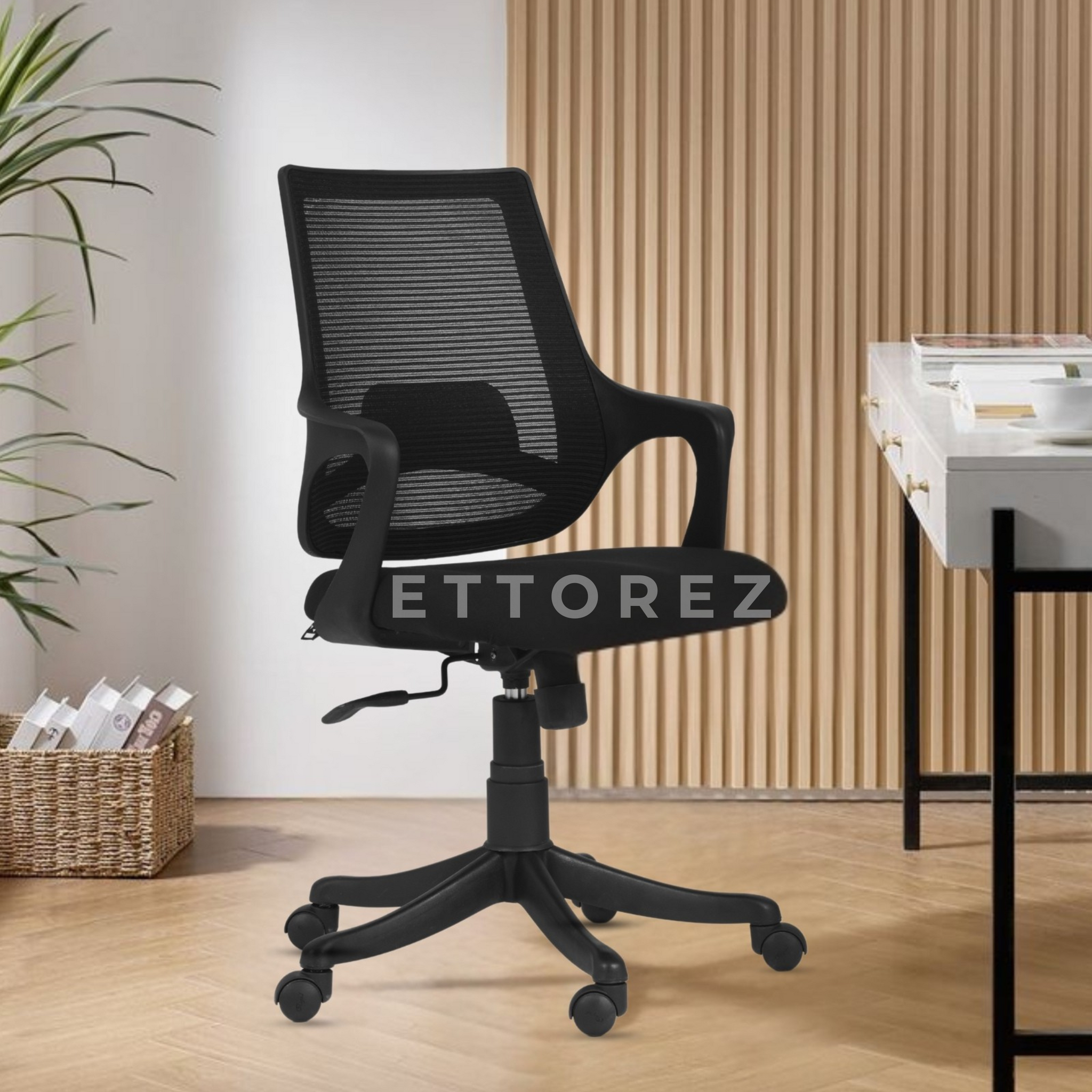 Ettorez Neo Black Mid Back Mesh Revolving Chair with Fixed Armrest