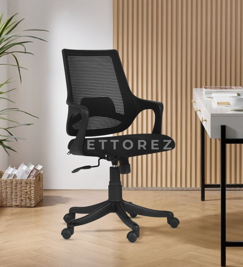 Ettorez Neo Black Mid Back Mesh Revolving Chair with Fixed Armrest